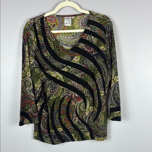 Parsley & Sage Asymmetrical Design Black & Green Blouse with 3/4 Sleeves Size L - Picture 2 of 8